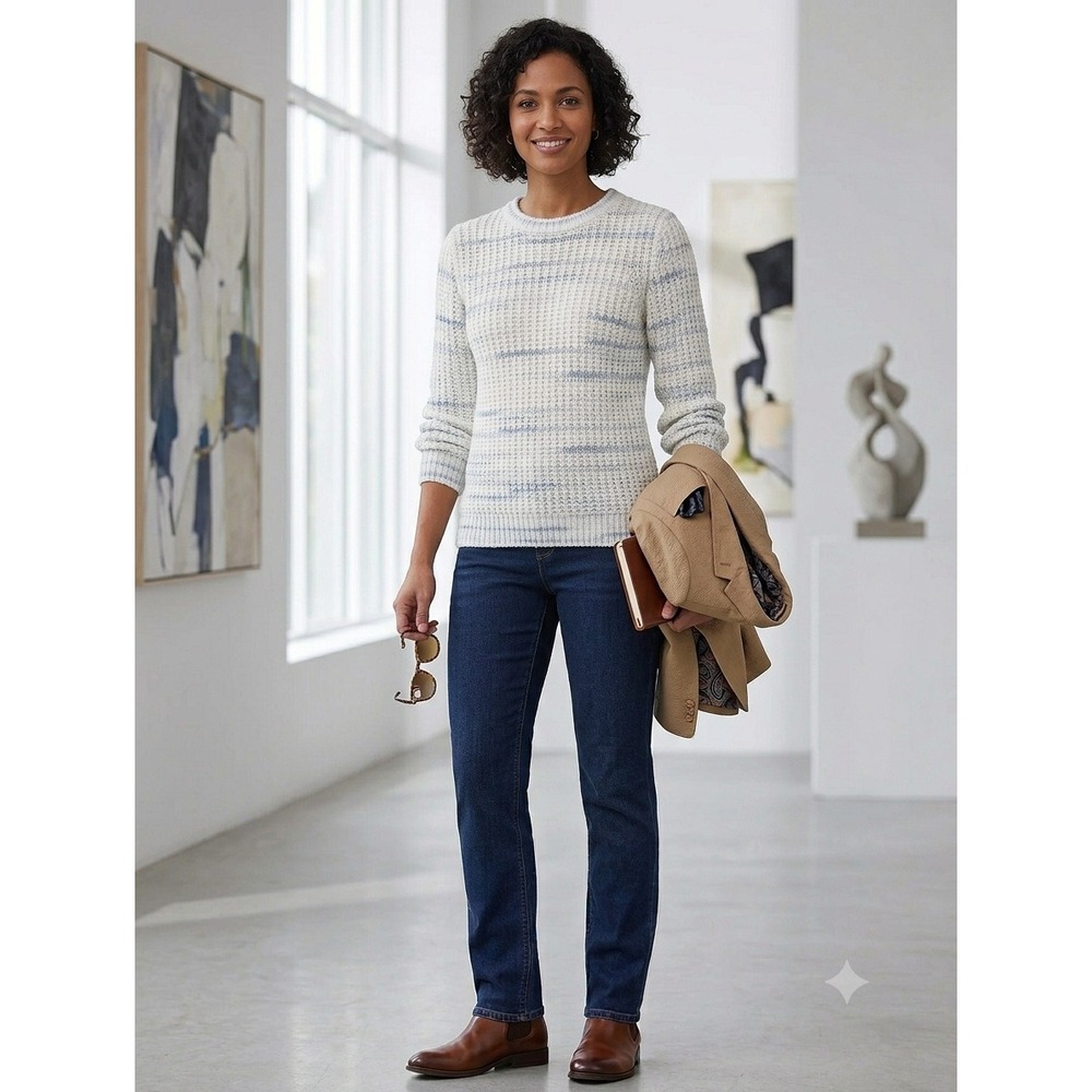 Caslon Womens Blue White Space Dye Waffle Knit Crewneck Sweater Women Small